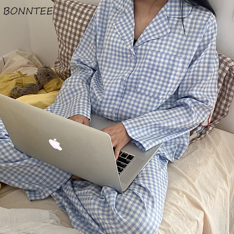 Women's Sleepwear Pajama Sets Women Spring Female Sleepwear Plaid Harajuku Fashion All-match Chic Retro Loose Sweet Preppy Simple Ins 230310