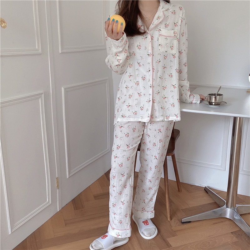 Women's Sleepwear floral print gauze cotton pajama set women comfortable breath pants suit home clothes linen crepe nightwear pyjamas L937 230310