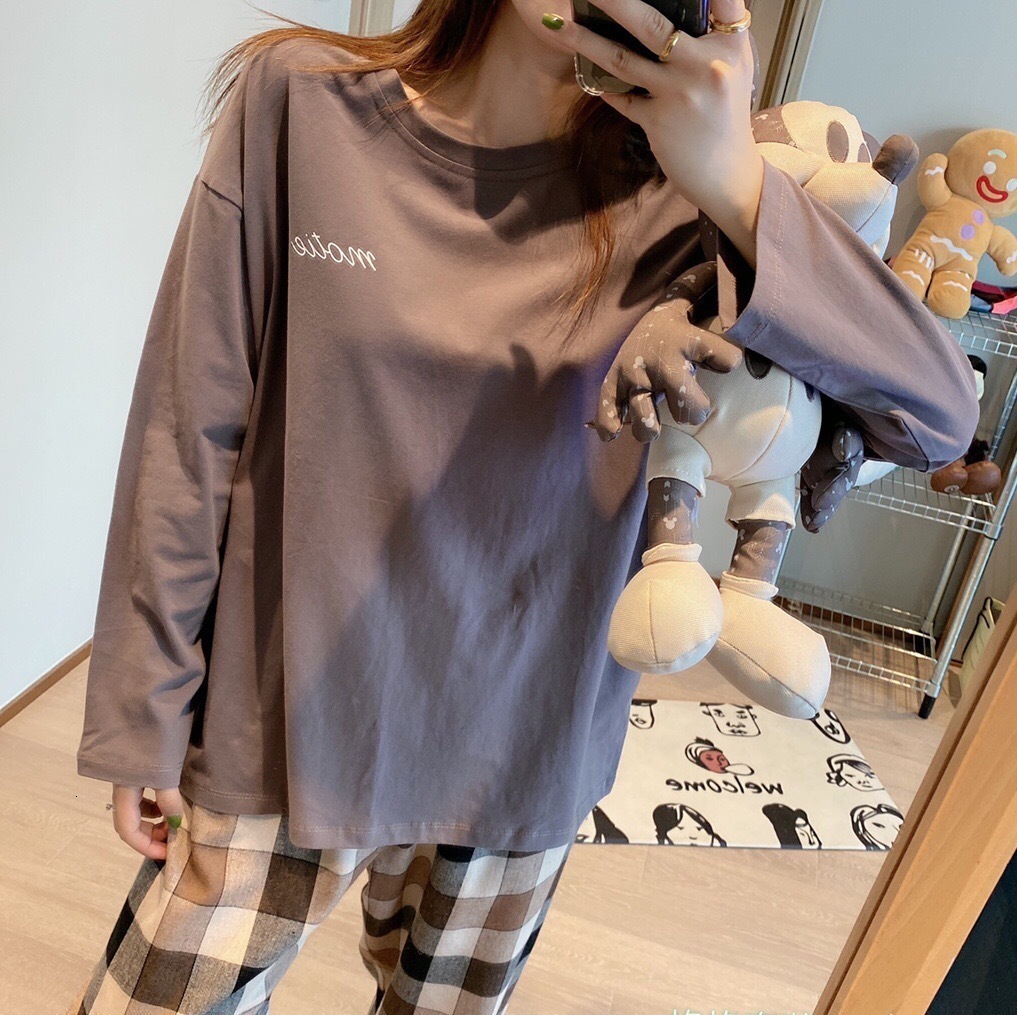 Women's Sleepwear Korean Purple Grid Girls Pajamas Set Cute Autumn Winter Long Sleeve Leisure Sleepwear For Women Loose Nightwear Homewear Suit 2