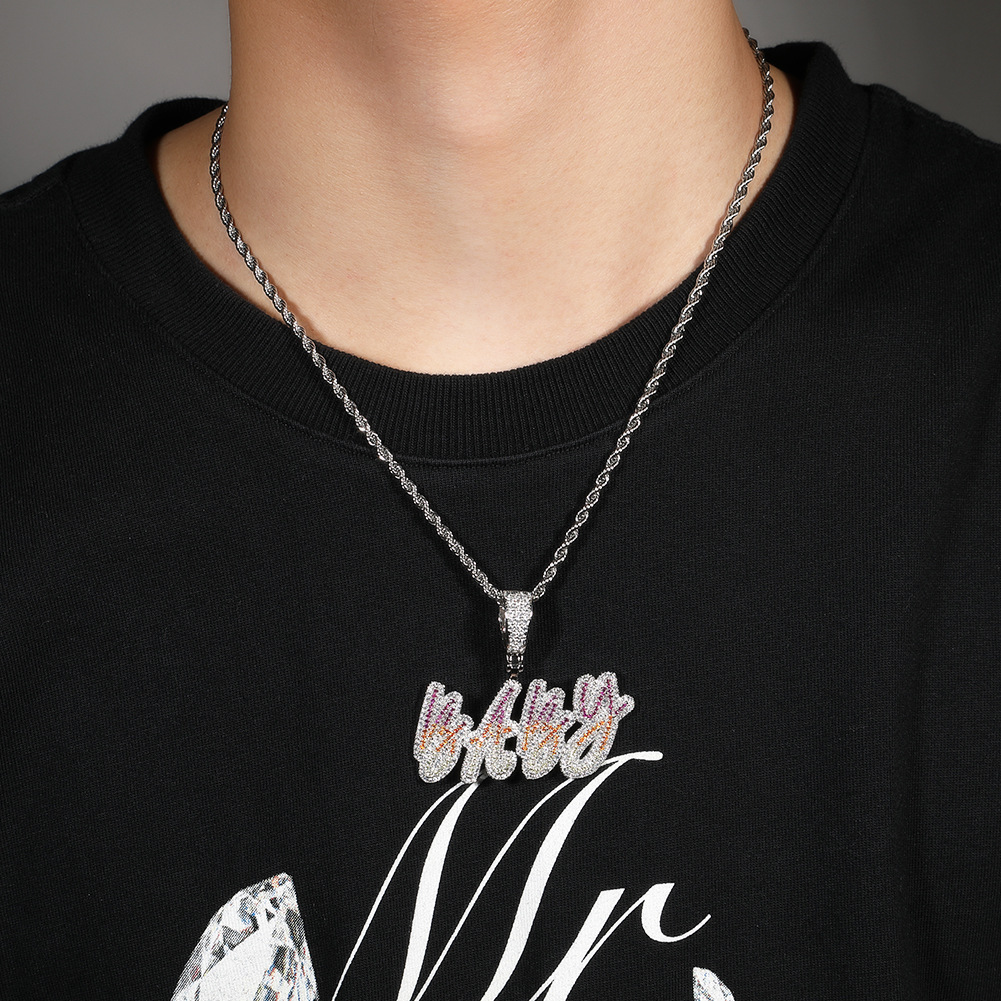 Colorful Cursive A-Z Initial Letter Custom Name Pendant Necklace Personalized Iced Out Cubic Zirconia CZ Stone 18K Real Gold Hip Hop Rock DIY Jewelry 