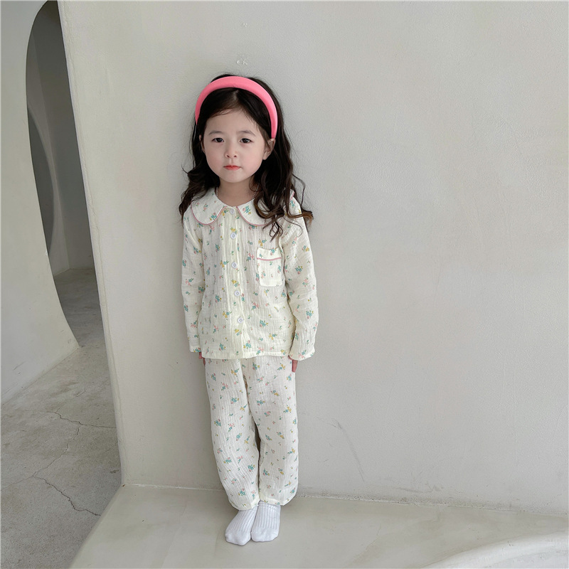 Pajamas Girls Pajamas Kids Spring Long Sleeve Sleepwear Cotton Linen Floral Toddler Kids Clothing Sets Pyjamas 230310