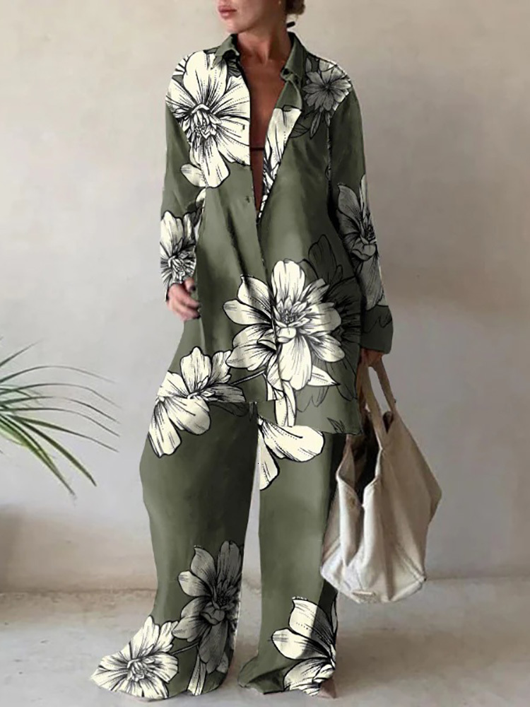 Women's Two Piece Pant Streetwear Sportswear Loose 2PCS Suit Spring Autumn Printing Long Cardigan Top Wide Leg Pants Ladies Outfit Drop 230310