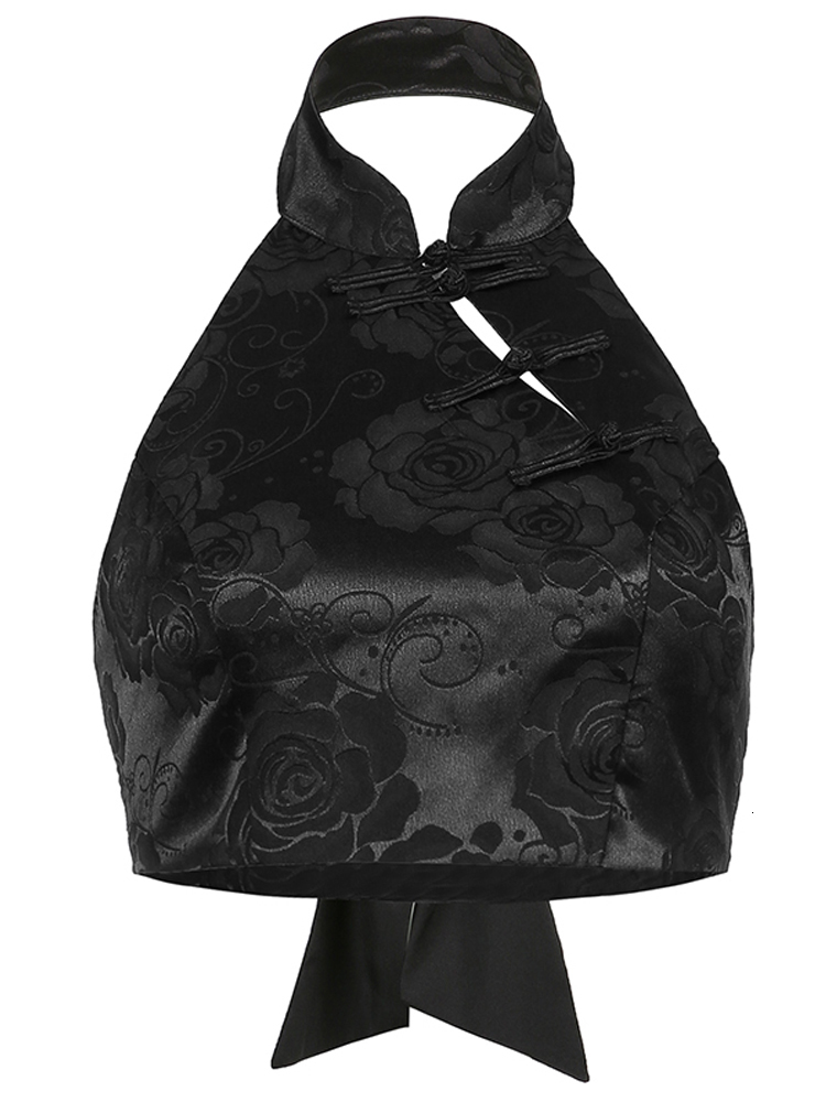 Women's Tanks Camis Darlingaga Chinese Style Elegant Jacquard Black Halter Top Backless Lace Up Bow Summer Tank Women Sexy Vest Gothic Crop s 230