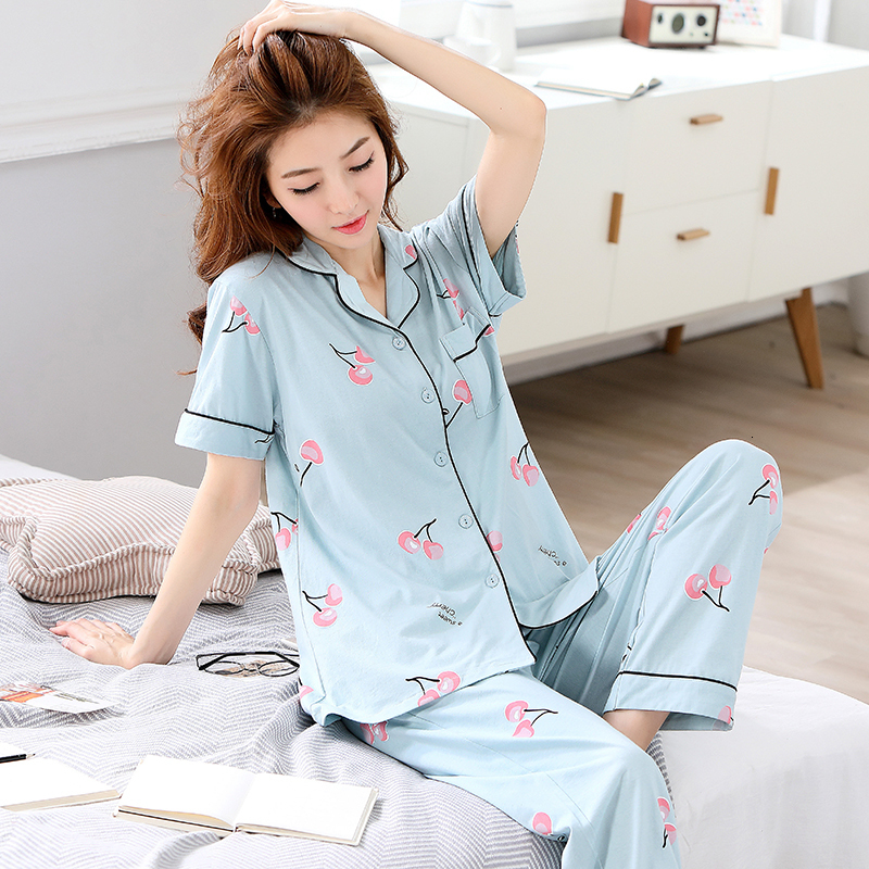 Women's Sleepwear Fashion Cotton Pajama Set Women Summer Short Sleeve XXL 3XL Big Sleepwear Cherry Printed Long Pants Women's Pajamas 230310