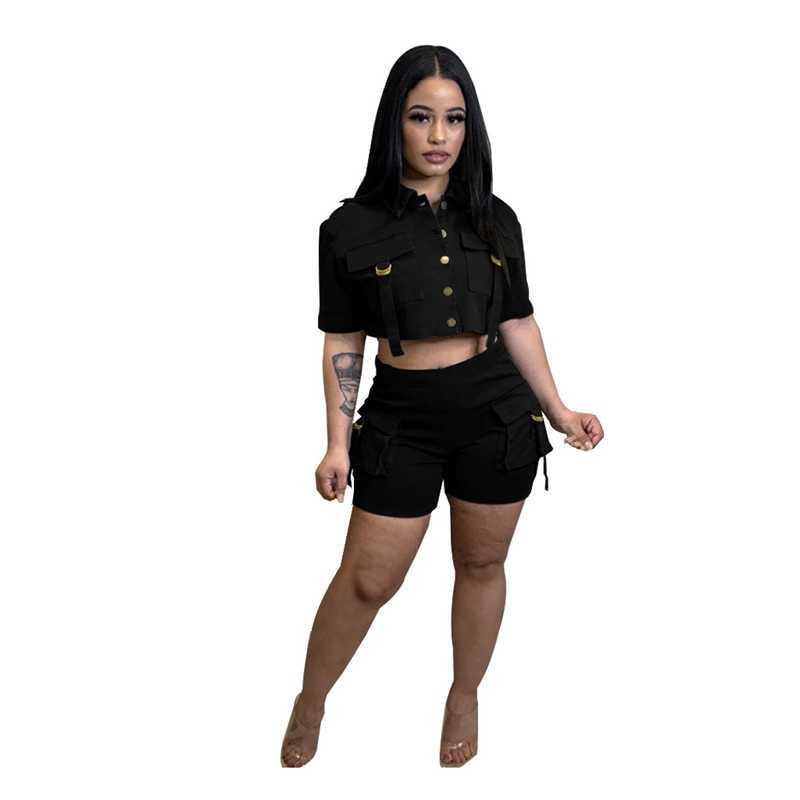 Women Tracksuits Designer Summer Button Multi Pocket Two Piece Set Elastic Short Sleeved Tops And Shorts Outfits 5 Colours