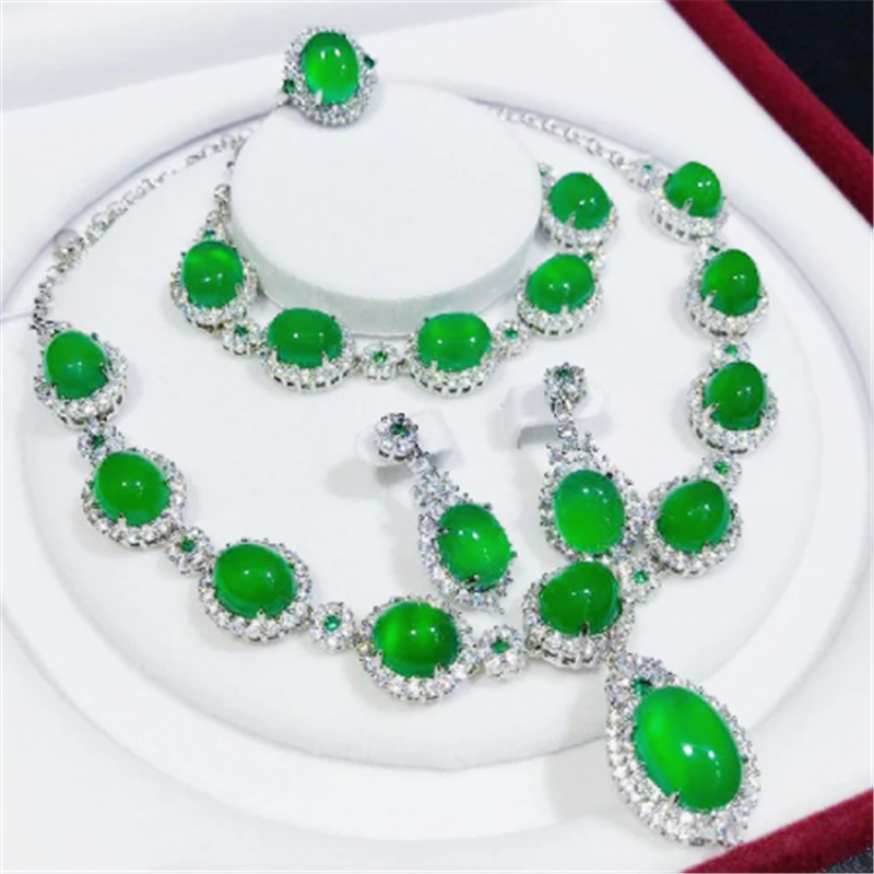 Vintage Jade Diamond Jewelry set 925 Sterling Silver Engagement Wedding Rings Earrings Necklace Bracelet For Women Party Jewelry