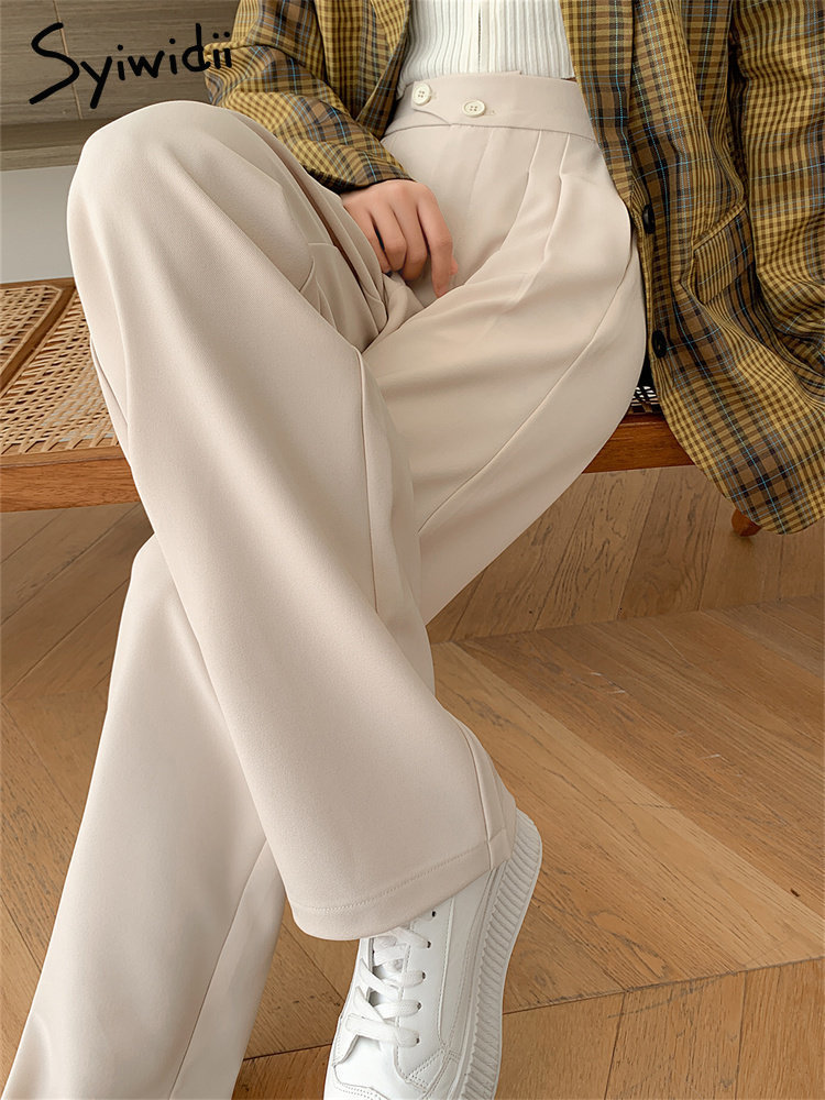 Women's Capris Syiwidii Wide Leg Suits for Women High Waisted Fashion Casual Loose Straight Pants Front Pleated Black Coffee Trousers 230310 Z260