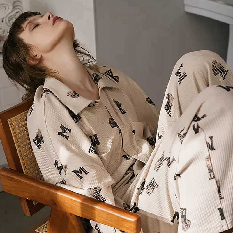 Women's Sleepwear QWEEK Women's Pajamas Bear Print Home Clothes Long Sleeve Autumn Pijamas Feminino Turn Down Collar Sleepwear Soft Nightie 