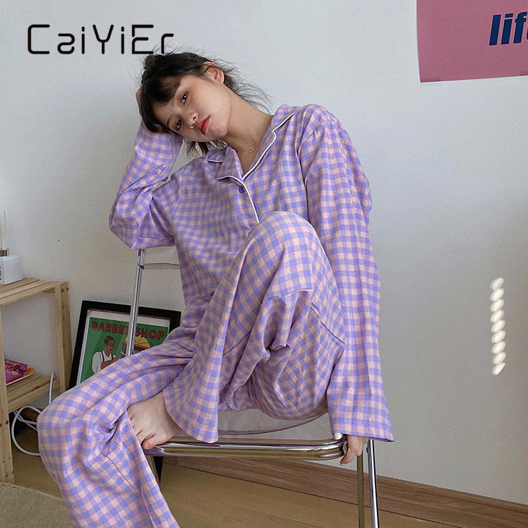 Women's Sleepwear CAIYIER Green Grid Women Pajama Set Korean Style Loose Leisure Sleepwear Elastic Waist Pant Nightwear Spring Winter Home Clothi