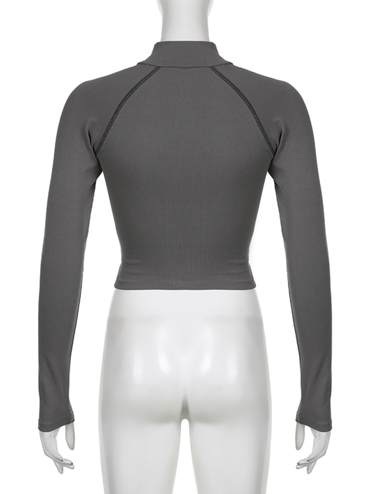 Women's TShirt Sweetown Gray Stitched Top Zip Up Turtleneck Long Sleeve Skinny Casual Streetwear Tees Irregular Hem Basic Korean T Shirt 230310