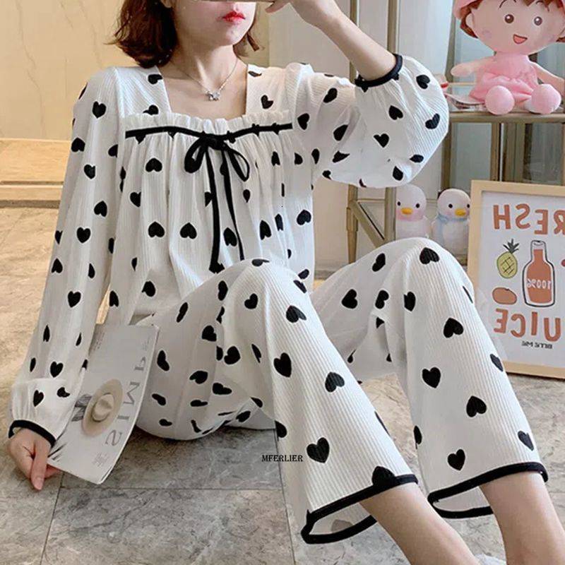 Women's Sleepwear Large Size 5XL 150KG Autumn Pajamas Set Hearted Print Women Pyjamas Sleepwear Pijama Mujer Large Long Sleeve and Pants Homewear