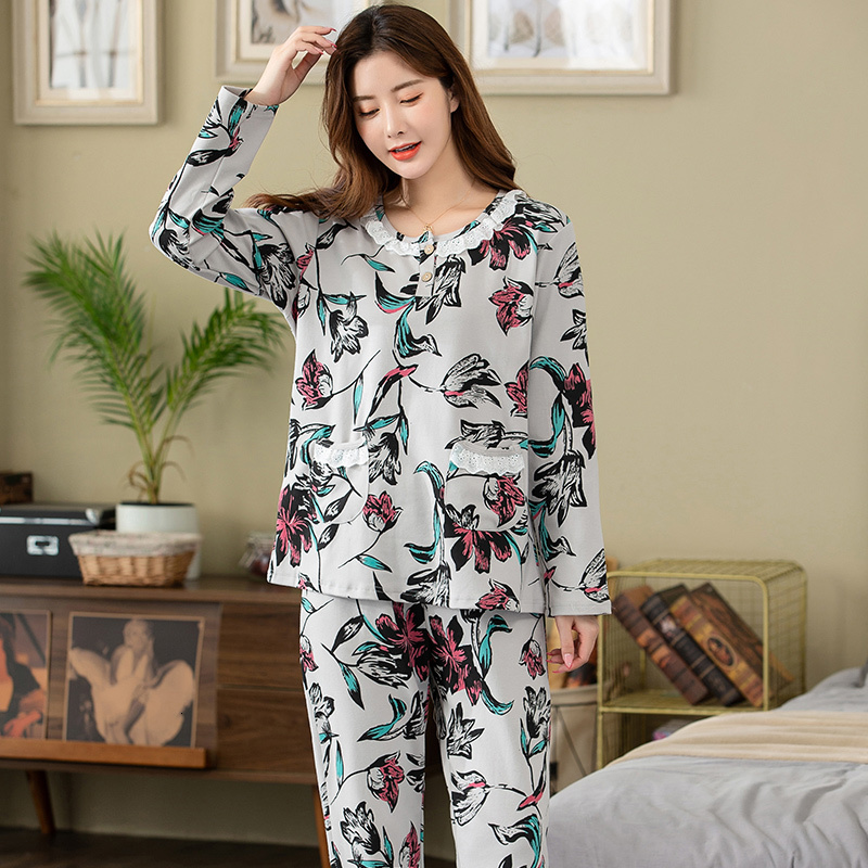 Women's Sleepwear Pajamas Sets Women Floral Full Cotton Fashion Lace Women Long Sleeve Sleepwear Suit 2 piece Sexy Autumn Home Lounge Gift XXXXL 