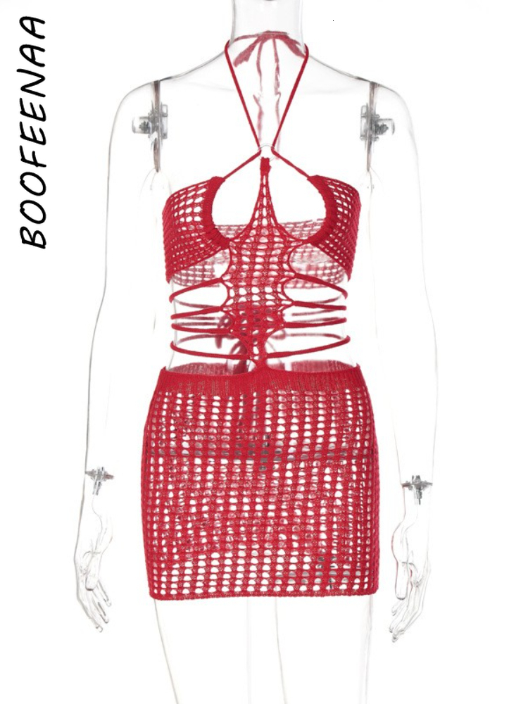 Casual Dresses BOOFEENAA Sexy Hollow Out Crochet Knitted Halter Mini Dress Beach Club Outfits Revealing Sheath Dresses for Women C16DZ14 230310