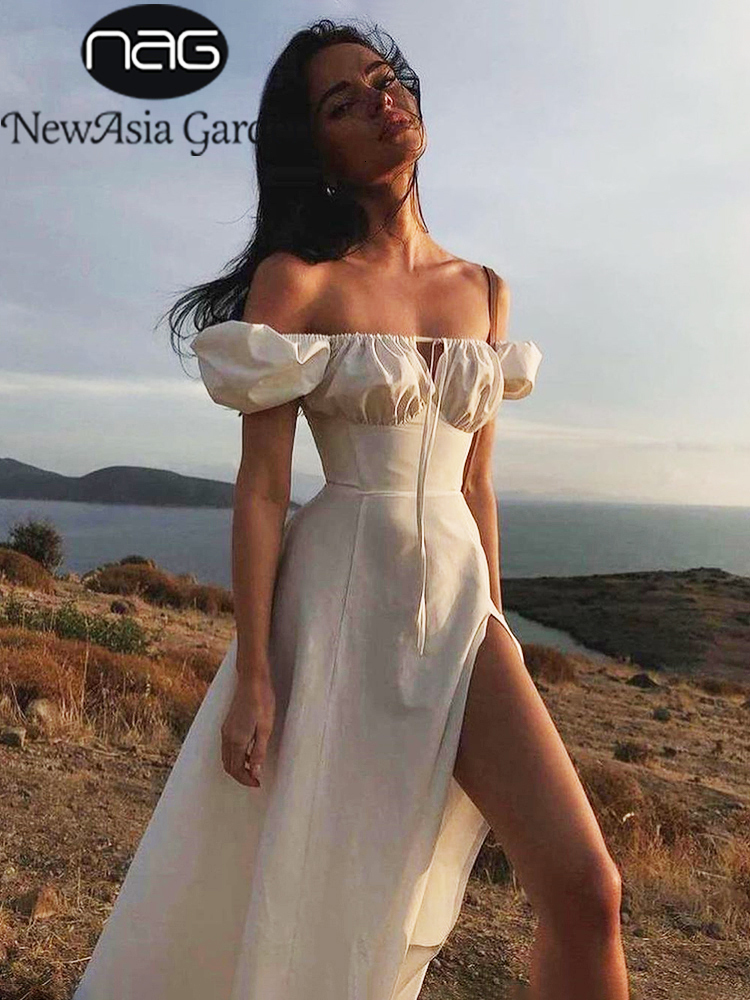 Casual Dresses Asia Puff Sleeve White Dress Off Shoulder Cut out Tie up Side Split Ruched Long Dress robe femme Summer Dress for Women 230309
