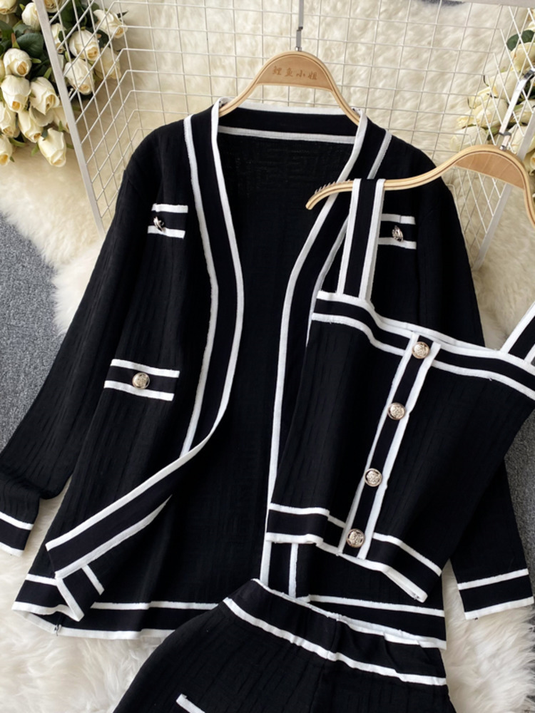 Women's long pants casual long sleeved V-neck cardigan jacket camisole vest waist shorts high-quality chic button retro 3-piece set