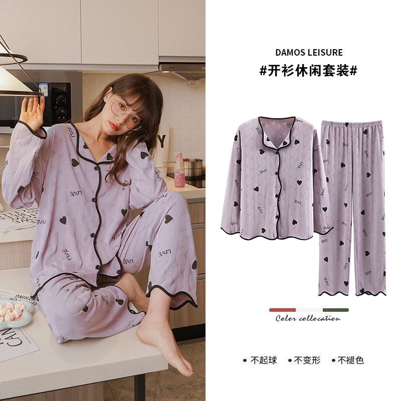 Women's Sleepwear Women's Pajamas Autumn/Winter Long Sleeve Pants Cardigan Lapel Covered Cartoon Simple Cotton Large Size Homewear Set 23031