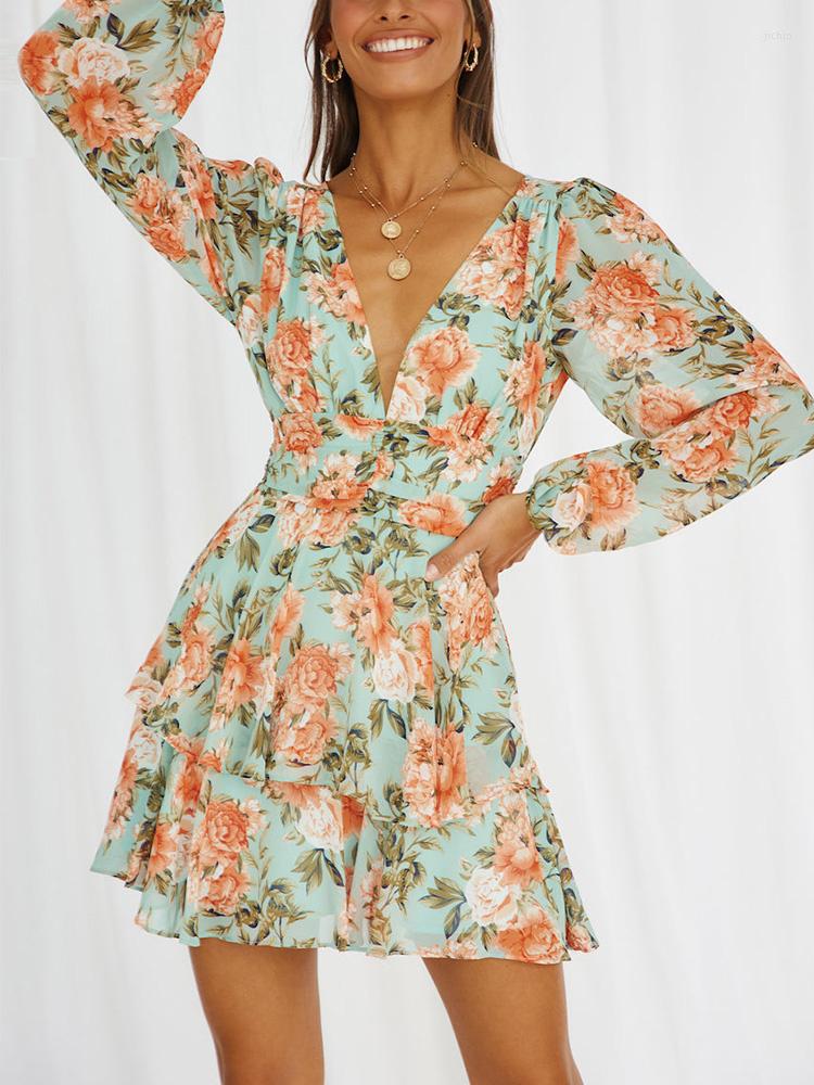 Casual Dresses For Women 2023 V Neck Long Sleeve Lightweight Chiffon Mini Layered Ruffle Hem Elegant Vintage Floral Print