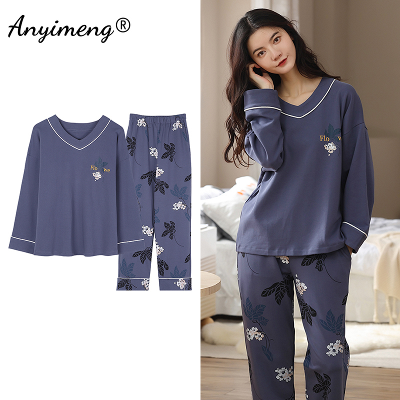 Women's Sleepwear 5XL Pajamas for Women Autumn Winter Pyjama Set Floral Printing Elegant Sleepwear Cotton Womens Pijama Set Lady Loungewear 23031