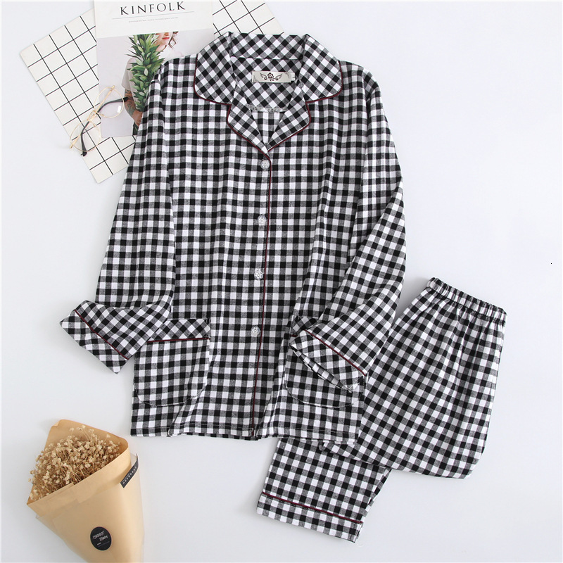 Women's Sleepwear Women's Autumn and Winter Cotton Brushed Flannel Long-sleeved Cardigan Plaid Clothes with Long Trouser Womens Two Piece Se