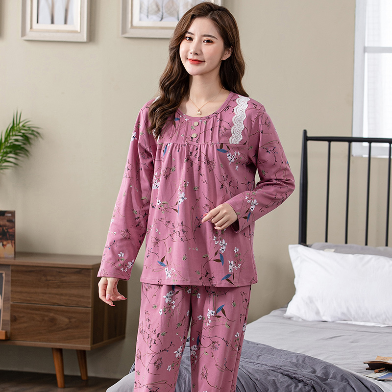 Women's Sleepwear Pajamas Sets Women Floral Full Cotton Fashion Lace Women Long Sleeve Sleepwear Suit 2 piece Sexy Autumn Home Lounge Gift XXXXL 