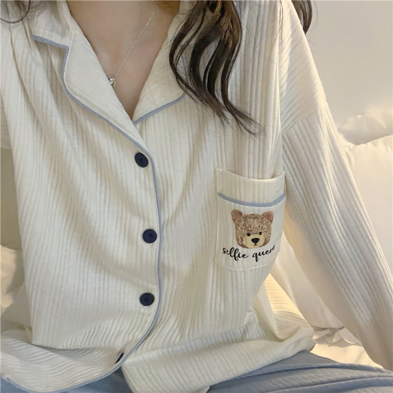 Women's Sleepwear Pajamas Women's Autumn and Winter Cardigan Sweet Simple Student Cute Cartoon Spring Loungewear Set 230310