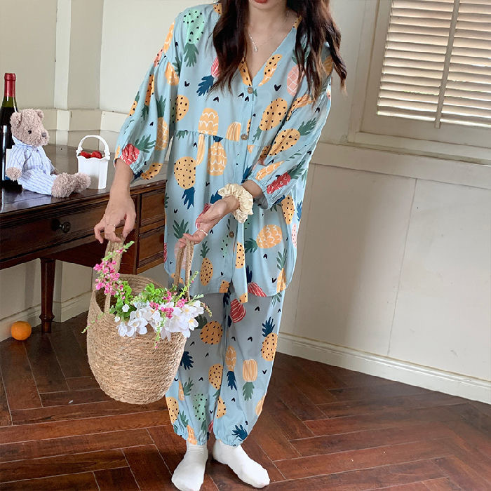 Women's Sleepwear 100% Cotton Floral Printed Ladies Kimono Style Pajamas Set Loose Thin V-Neck Three Quarte Sleeves 2Pcs Sleepwear Loose Homewear