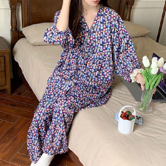 Women's Sleepwear 100% Cotton Floral Printed Ladies Kimono Style Pajamas Set Loose Thin V-Neck Three Quarte Sleeves 2Pcs Sleepwear Loose Homewear