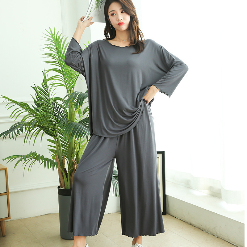 Women's Sleepwear PLUS size home suits women autumn loose long-sleeved pajamas two-piece set nine-point wide leg pants pijama sleepwear femme 230