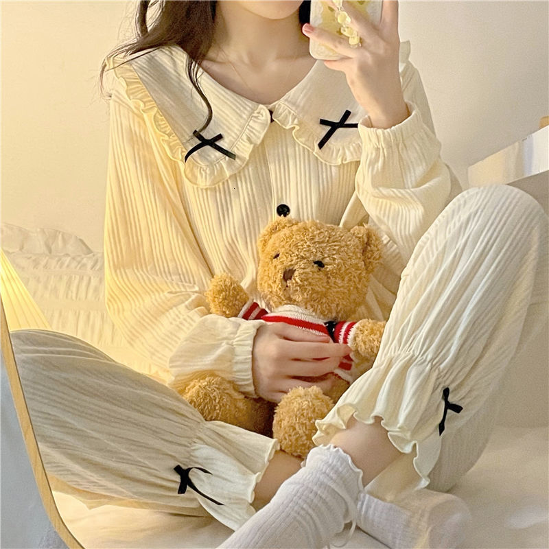 Women's Sleepwear Sweet Long Sleeve Pajama Sets Women Loose Casual Stylish Chic Homewear Single Breasted Ins Cute Bow Princess Nightwear 230310