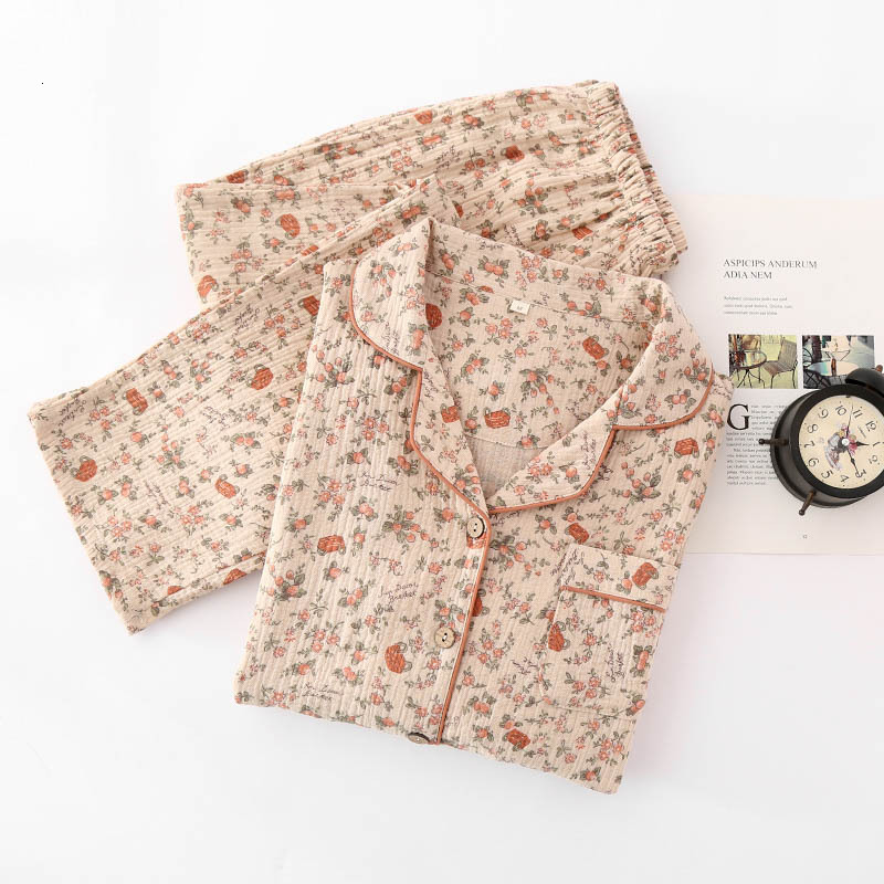 Women's Sleepwear Spring Cotton Crepe Pajamas Women Long Sleeved Lapel Cardigan Vintage Household Clothes Two-piece Set Trousers Sexy Sleepwear 2