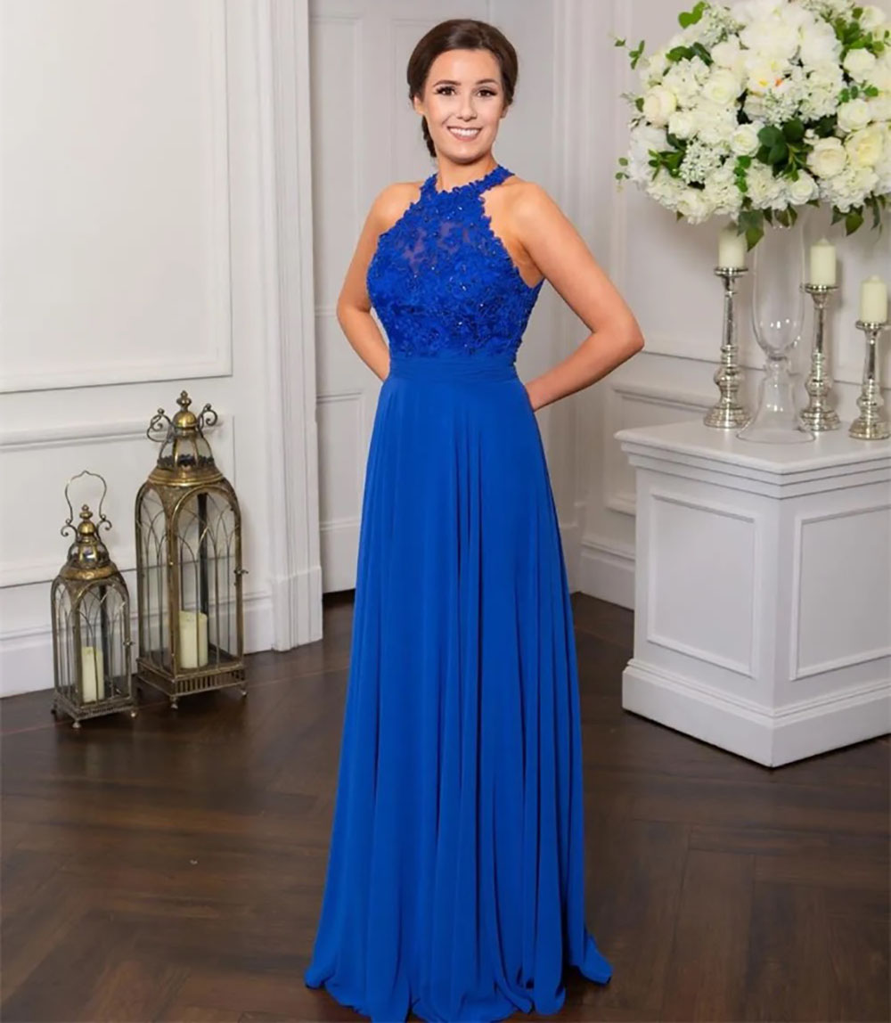 Bridesmaid Dresses Plus Size Royal Blue Gown Formal For Weddings A Line Sleeveless Floor-Length Chiffon New Zipper NONE Train O-Neck Applique Custom P