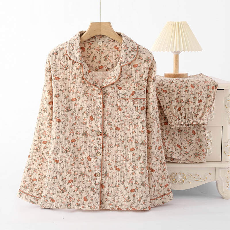 Women's Sleepwear Spring Cotton Crepe Pajamas Women Long Sleeved Lapel Cardigan Vintage Household Clothes Two-piece Set Trousers Sexy Sleepwear 2