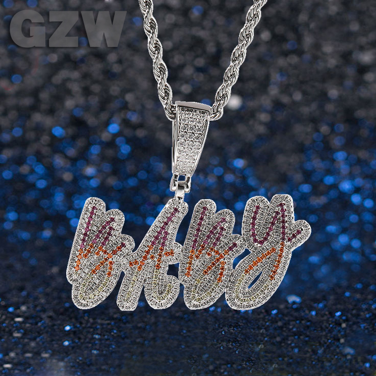 Colorful Cursive A-Z Initial Letter Custom Name Pendant Necklace Personalized Iced Out Cubic Zirconia CZ Stone 18K Real Gold Hip Hop Rock DIY Jewelry 