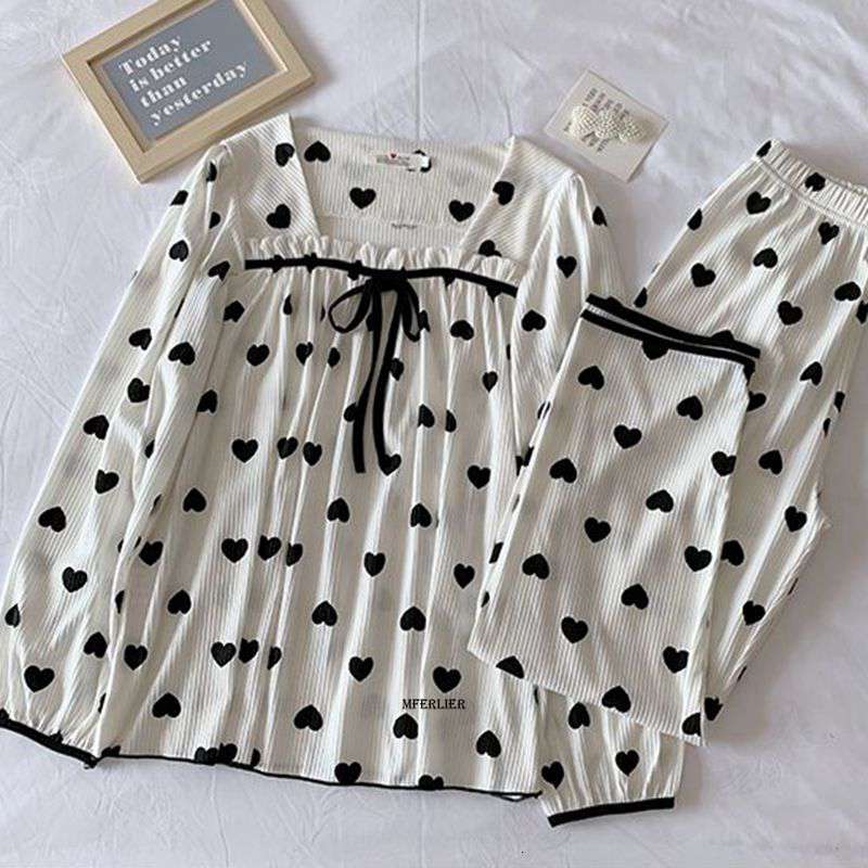 Women's Sleepwear Large Size 5XL 150KG Autumn Pajamas Set Hearted Print Women Pyjamas Sleepwear Pijama Mujer Large Long Sleeve and Pants Homewear