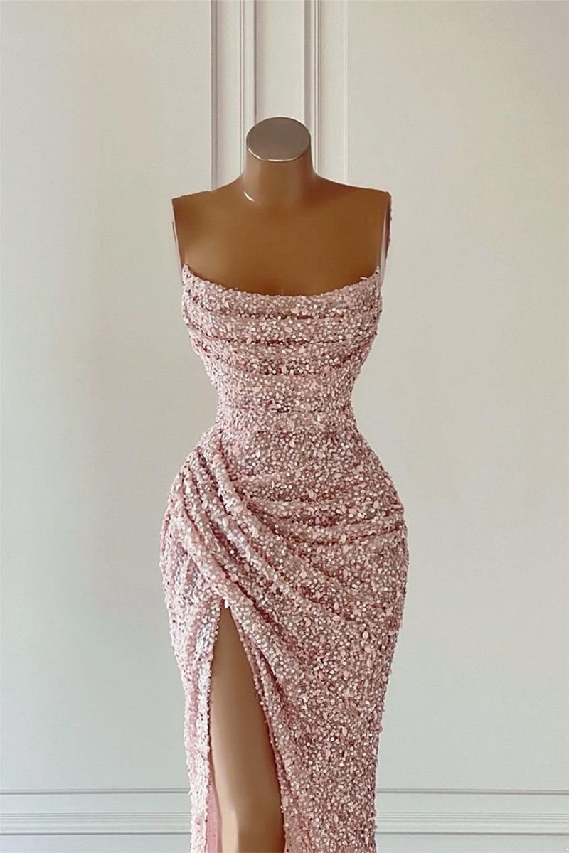 Rose Gold Pink Sequins Prom Dresses Sexy Mermaid Strapless Split High Evening Gowns African Girls Formal Party Occasion Gowns Custom MadeBC15182