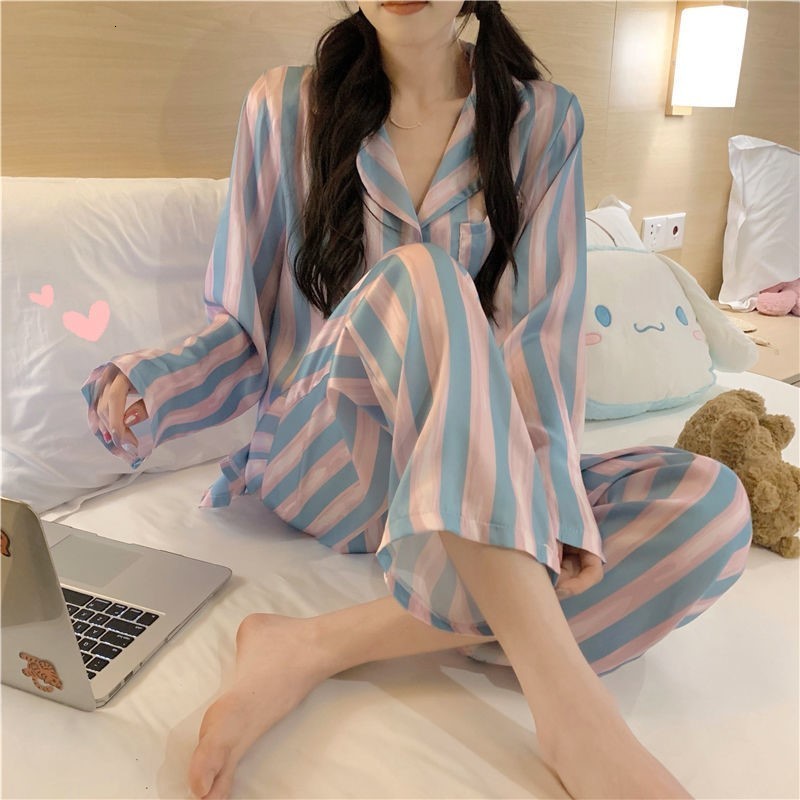 Women's Sleepwear Autumn Winter Long Sleeved Women Pajamas Set Simple Stripes Trousers Pyjamas Sets Loungewear Women Leisure Sleepwear Set 230310