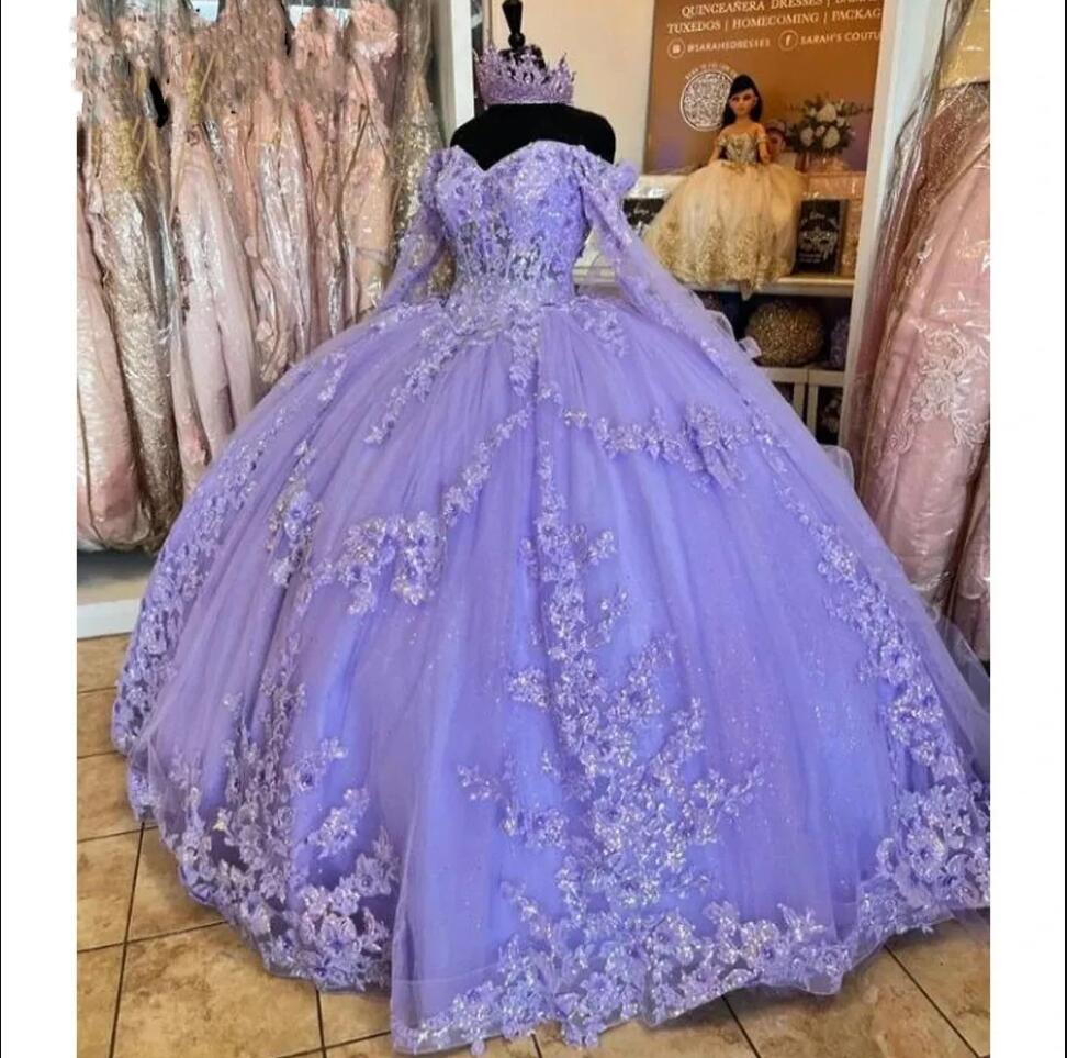 Lavender lilac Quinceanera Dresses 3D Flowers Appliques Off Shoulder lace-up corset long sleeve Princess vestidos de 15 anos