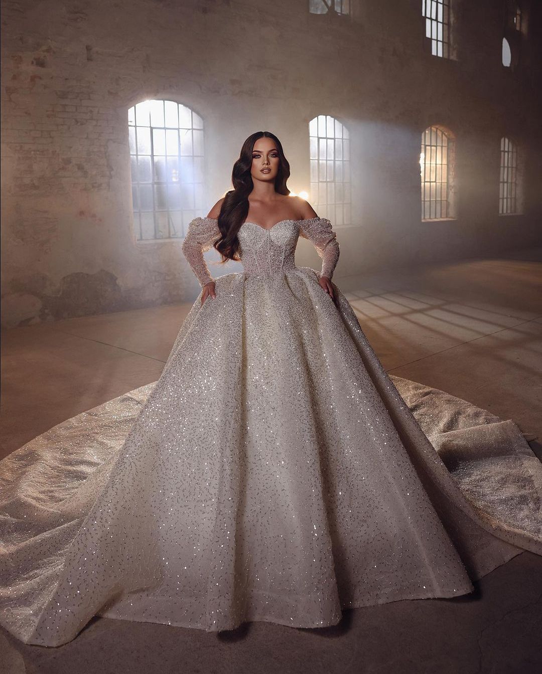 Sparkly Ball Gown Wedding Dresses Long Sleeves V Neck Off Shoulder Sequins Appliques Ruffles 3D Lace Bridal Gowns Formal Dress Plus Size Custom Made V