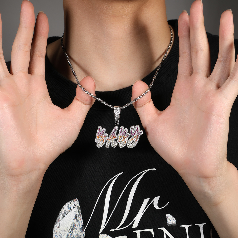 Colorful Cursive A-Z Initial Letter Custom Name Pendant Necklace Personalized Iced Out Cubic Zirconia CZ Stone 18K Real Gold Hip Hop Rock DIY Jewelry 