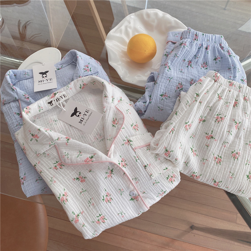 Women's Sleepwear floral print gauze cotton pajama set women comfortable breath pants suit home clothes linen crepe nightwear pyjamas L937 230310