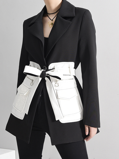 Women's Suits Blazers EAM Women Black Contrast Color Pocket Blazer Lapel Long Sleeve Loose Fit Jacket Fashion Spring Autumn 1S39401 230310