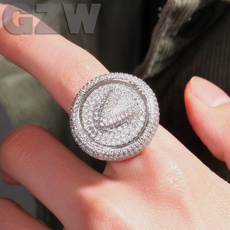 Iced Out Custom Letter Name Rotate Ring Band for Men 18K Real Gold Personalized Initial Rings Rotating Anti-stress Anxiety Hip Hop Party Jewelry Lover