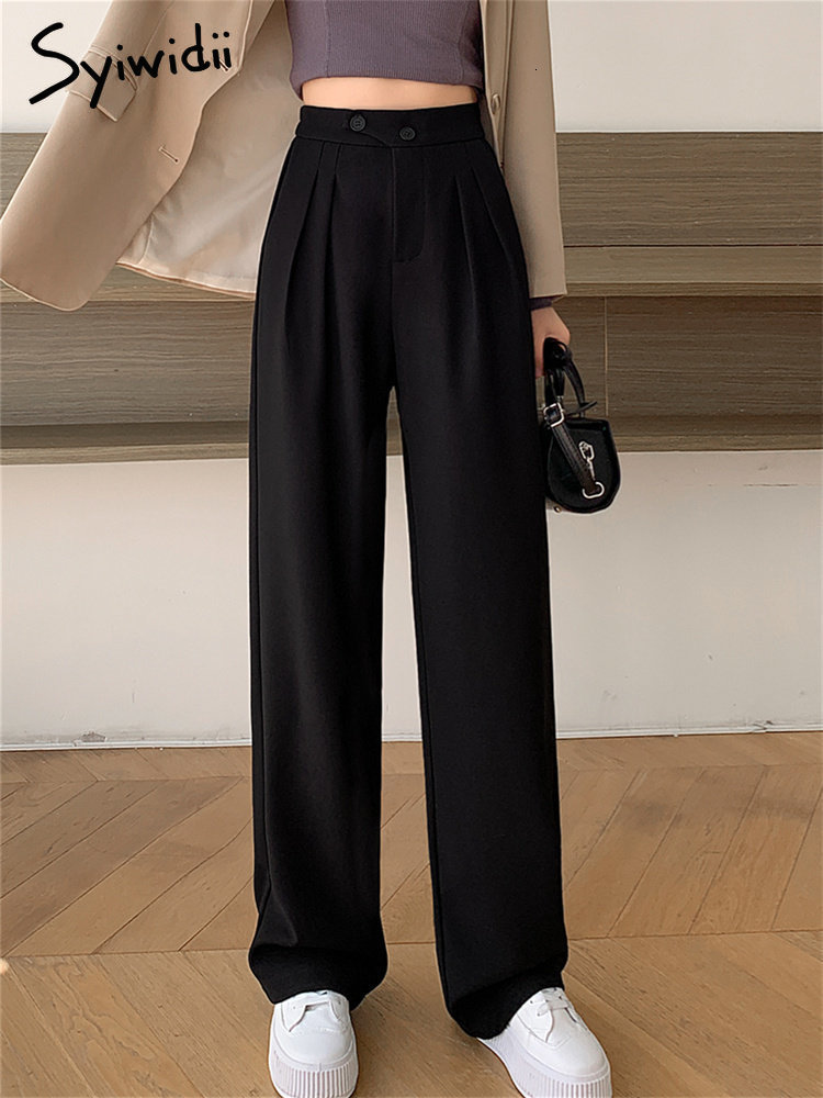 Women's Capris Syiwidii Wide Leg Suits for Women High Waisted Fashion Casual Loose Straight Pants Front Pleated Black Coffee Trousers 230310 Z260