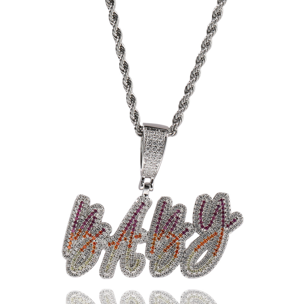 Colorful Cursive A-Z Initial Letter Custom Name Pendant Necklace Personalized Iced Out Cubic Zirconia CZ Stone 18K Real Gold Hip Hop Rock DIY Jewelry 