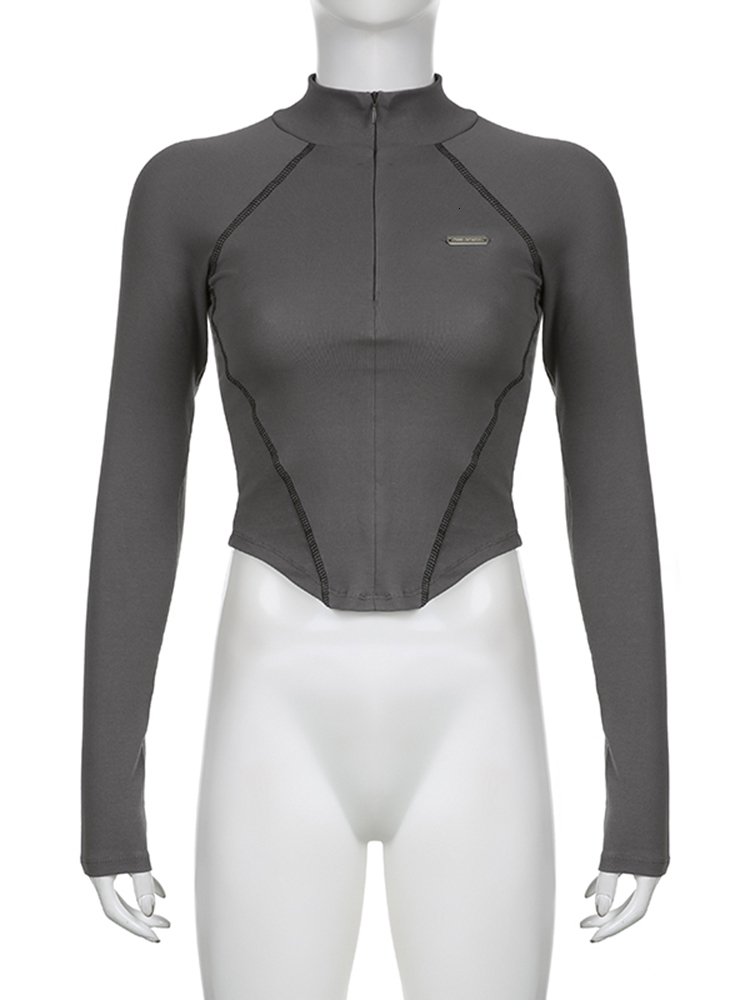 Women's TShirt Sweetown Gray Stitched Top Zip Up Turtleneck Long Sleeve Skinny Casual Streetwear Tees Irregular Hem Basic Korean T Shirt 230310