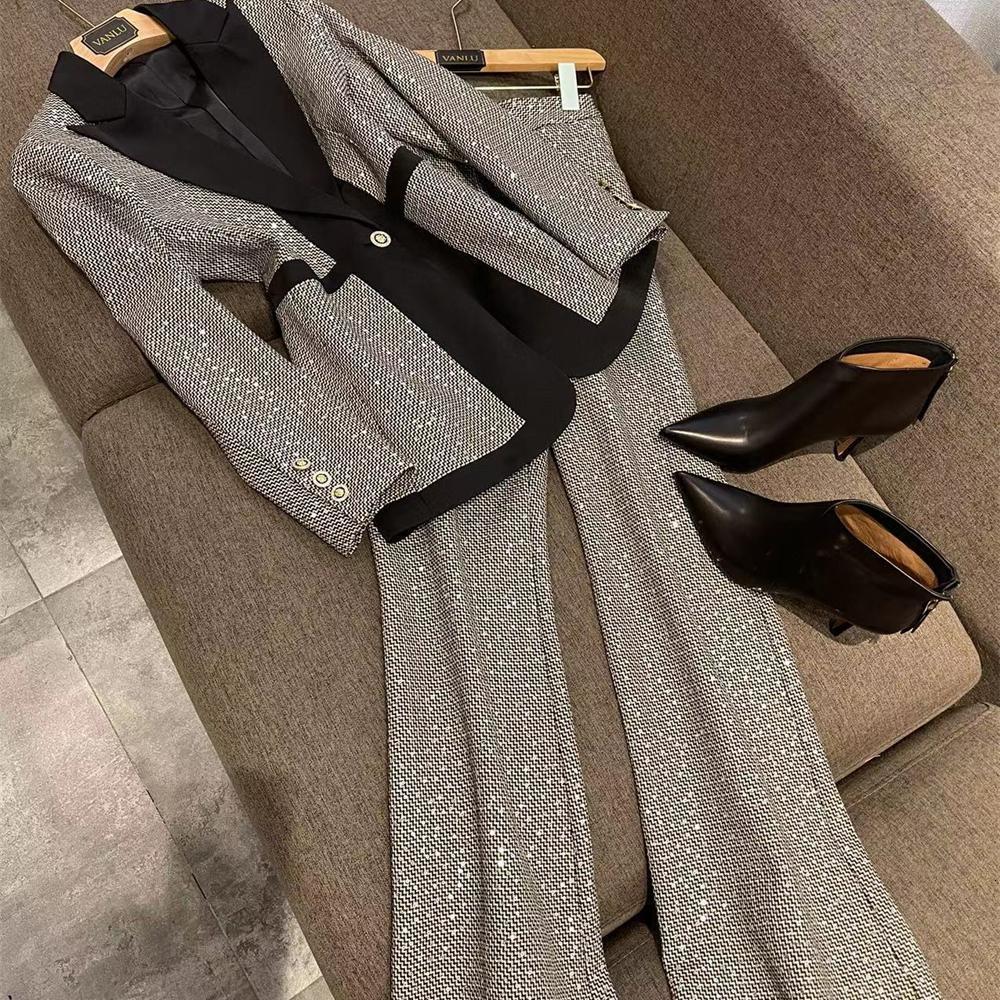 Women's Two Piece Pants est Runway Elegant Sexy Sequin Single Button Plaid Blazer And OL High Waist Flare Business Suits 230310