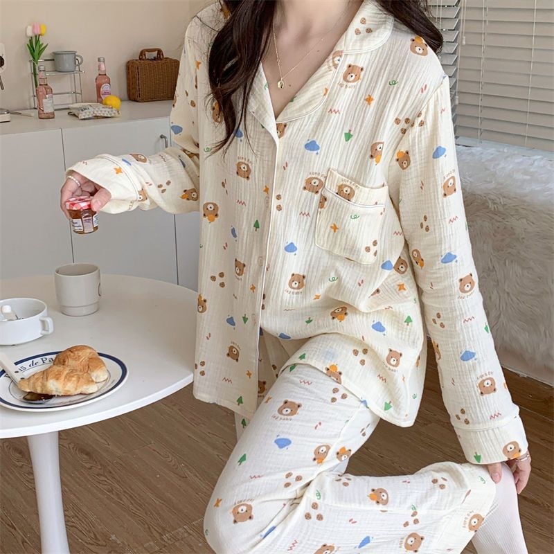 Women's Sleepwear 100%Cotton Gauze Pajamas for Women Korean Long Sleepwear Bear Print Pijamas Pyjamas Long Sleeve 2 Piece Female Set Drop 230310