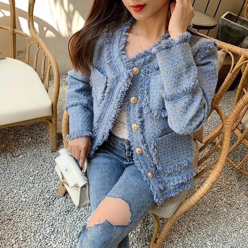 Women's Jackets Chic Women Winter Tweed Fringe Beaded Jacket High Quality Female Blue Woolen Coat 230310