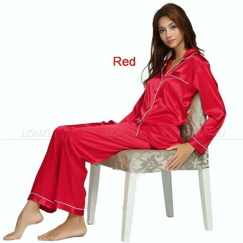 Women's Sleepwear Women Girl Lady Silk Satin Pajamas Set Long Sleeve Button-Down Sleepwear Pajamas Black Purple Red Blue 230310