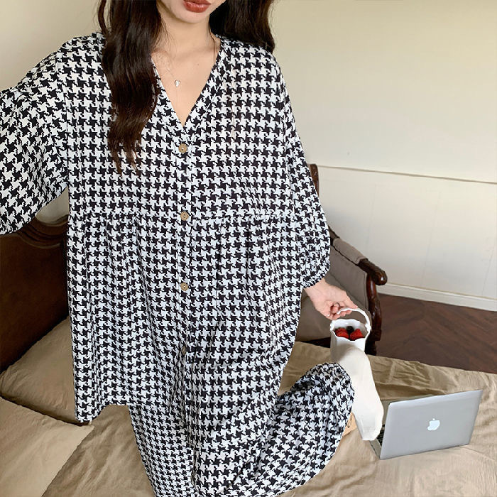 Women's Sleepwear 100% Cotton Floral Printed Ladies Kimono Style Pajamas Set Loose Thin V-Neck Three Quarte Sleeves 2Pcs Sleepwear Loose Homewear